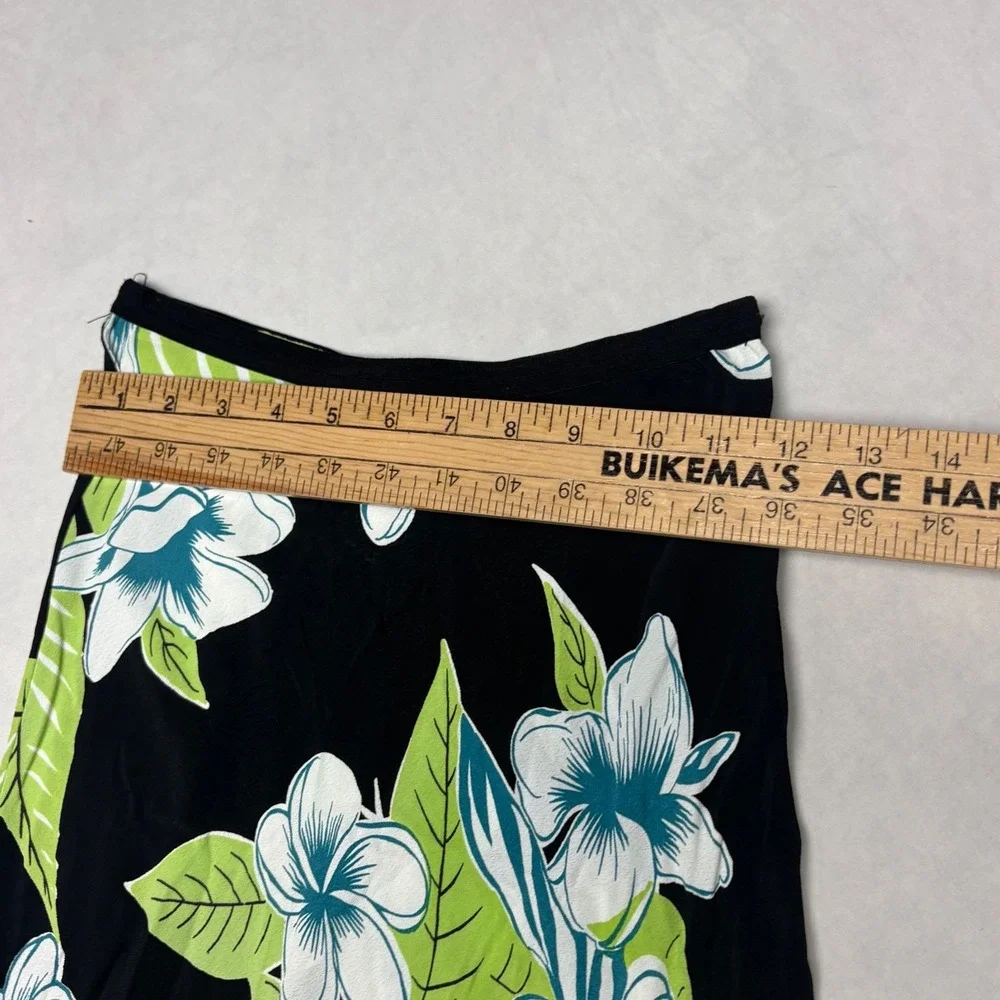 Acorn Floral Midi Skirt Black Tropical Plumeria Rayon Size 2